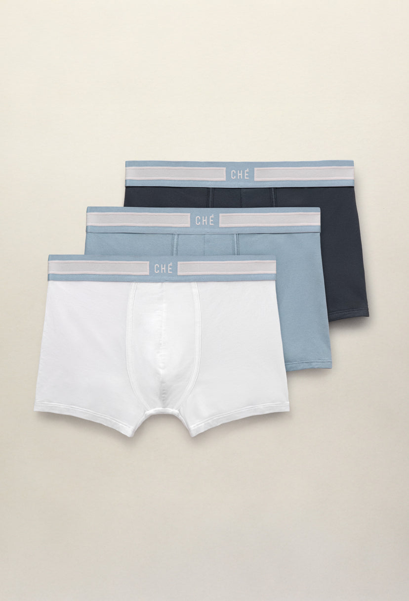 3 x Men's Signature Boxer Trunks - Navy/ Blue/ White | CHÉ Studios