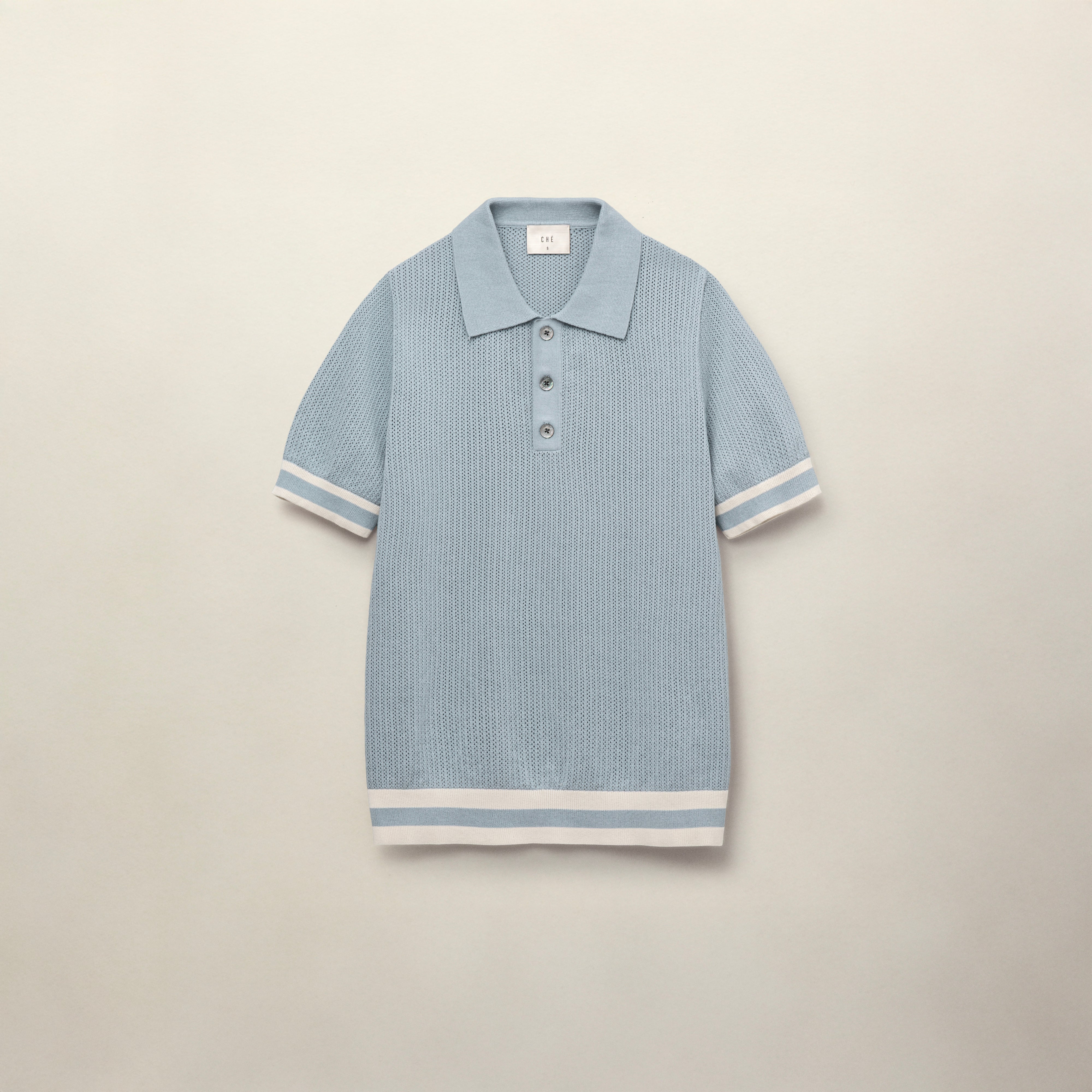 Powder Blue Knitted Cotton Short Sleeve Quinn Polo | CHÉ Studios