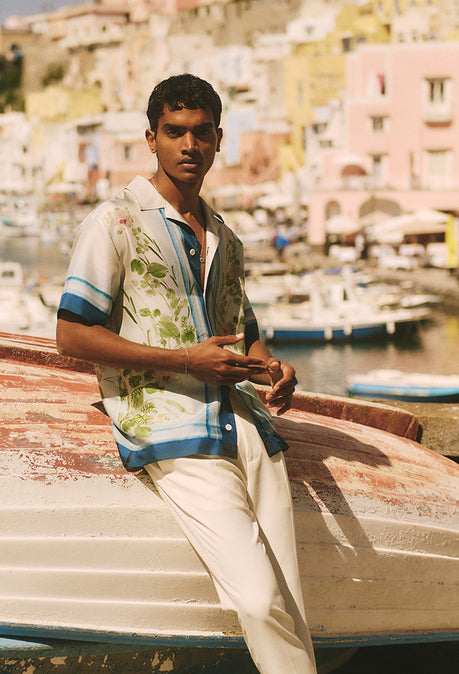 Chemise en soie imprimé floral - Bleu