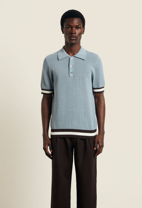 Cotton Open Knit Quinn Polo - Powder Blue/ Chocolate Brown