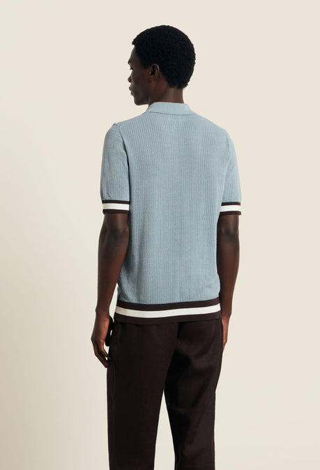 Cotton Open Knit Quinn Polo - Powder Blue/ Chocolate Brown