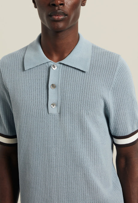 Cotton Open Knit Quinn Polo - Powder Blue/ Chocolate Brown