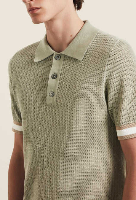 Polo Quinn en maille ajourée de coton - Sauge