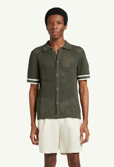ELIAS CROCHET KNITTED COTTON POLO  - PINE GREEN