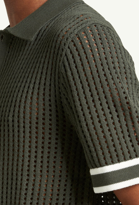 ELIAS CROCHET KNITTED COTTON POLO  - PINE GREEN