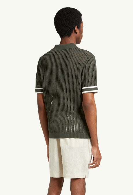 ELIAS CROCHET KNITTED COTTON POLO  - PINE GREEN