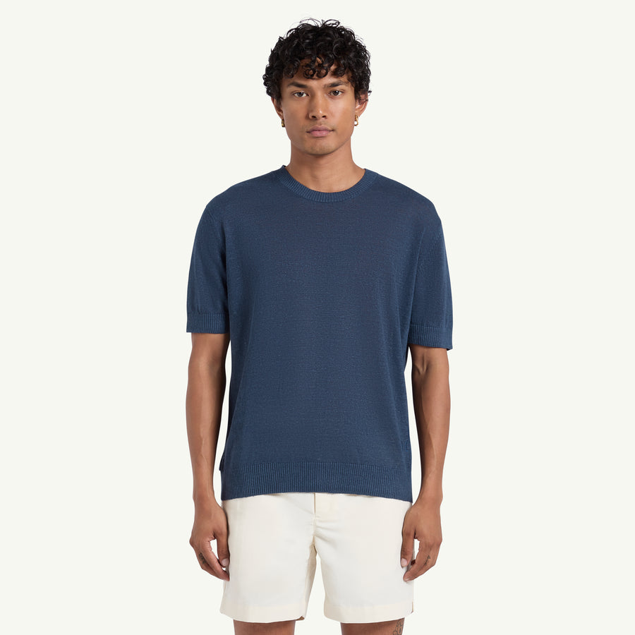 FERRIER LINEN KNITTED T-SHIRT - NAVY