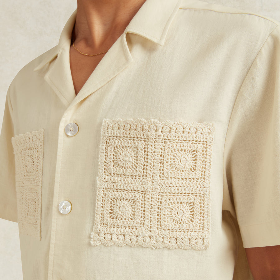 INIGO LINEN BLEND CROCHET DETAIL SHIRT - IVORY