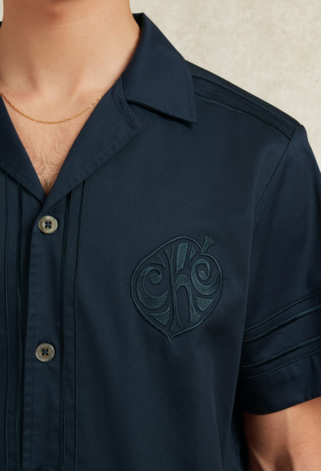 CHEMISE EN COTON BRODÉE PALMES - MARINE