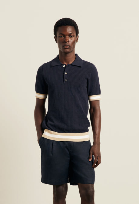 Polo Quinn en maille ajourée de coton - Bleu marine / Beige