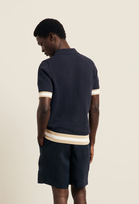 Polo Quinn en maille ajourée de coton - Bleu marine / Beige