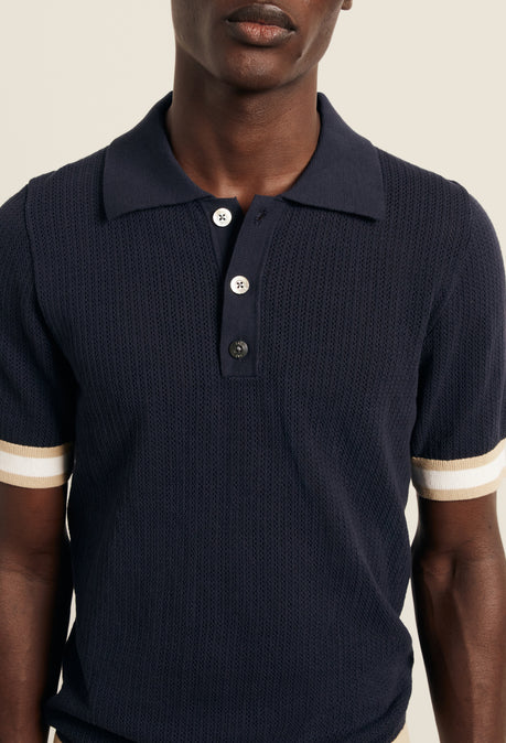 Polo Quinn en maille ajourée de coton - Bleu marine / Beige