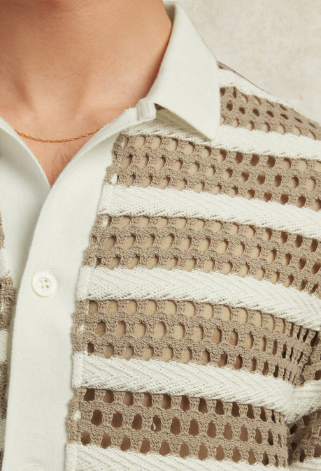 RAYAS STRIPED CROCHET POLO - BEIGE