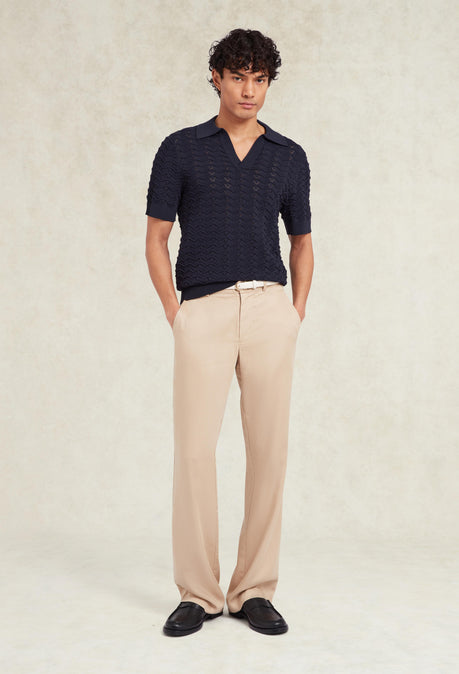 Ripple Knit Open Neck Polo - Navy