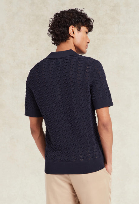 Ripple Knit Open Neck Polo - Navy