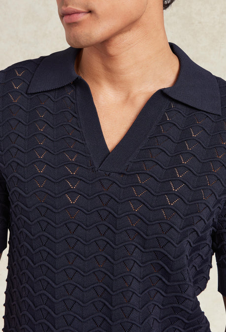 Ripple Knit Open Neck Polo - Navy