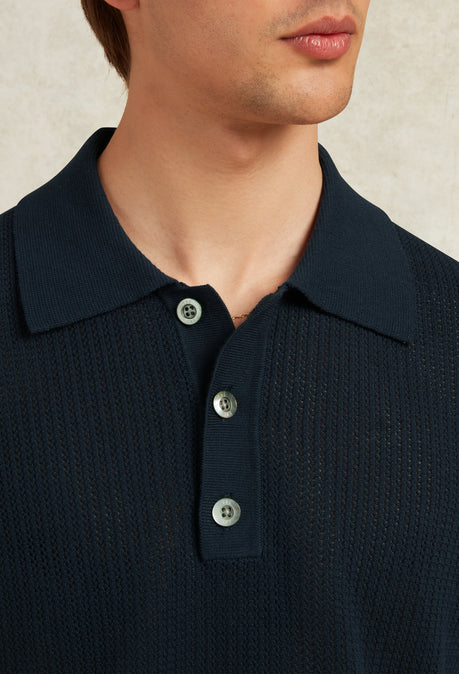 SANTIAGO QUINN COTTON OPEN KNIT POLO - NAVY