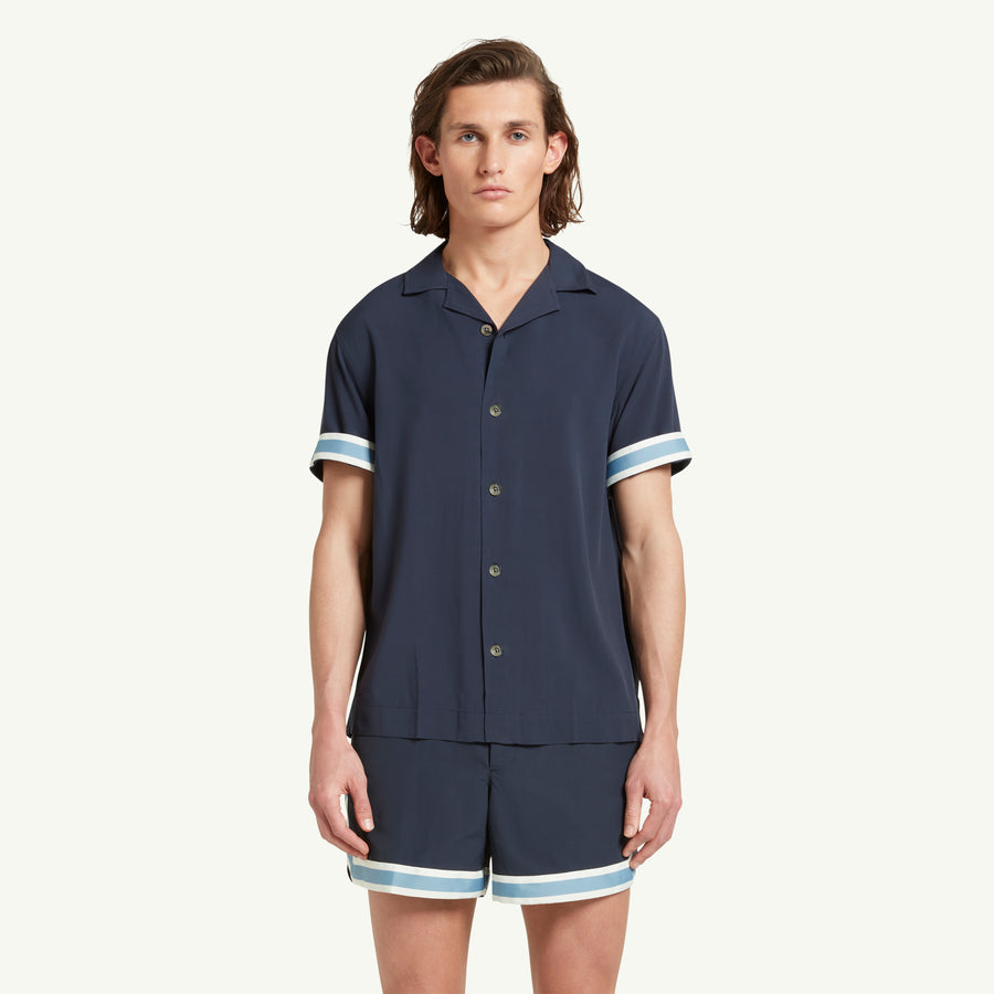 Navy / Blue Cuban Collar Short Sleeve Viscose Valbonne Shirt | CHÉ Studios