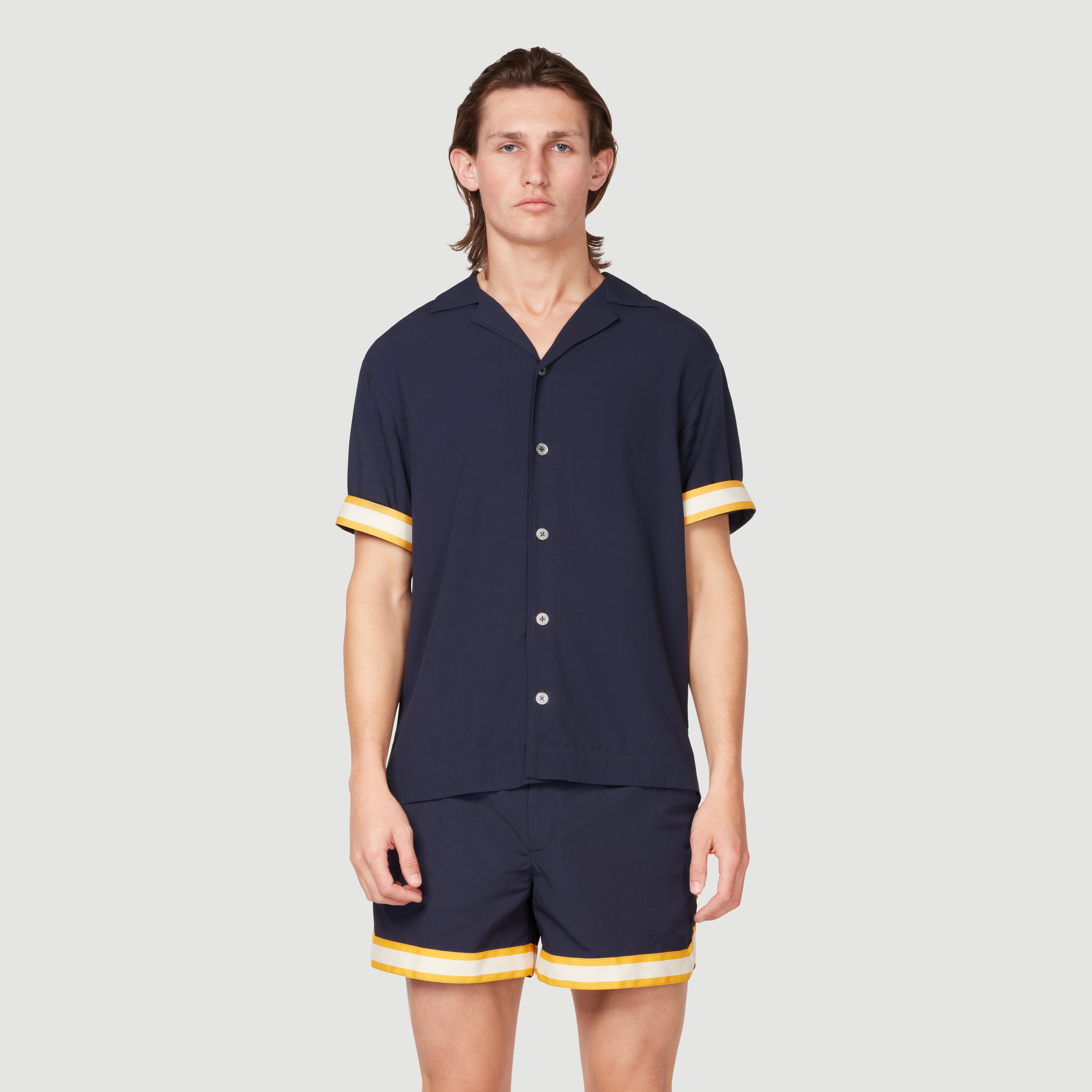 Navy / Yellow Cuban Collar Short Sleeve Viscose Valbonne Shirt | CHÉ ...